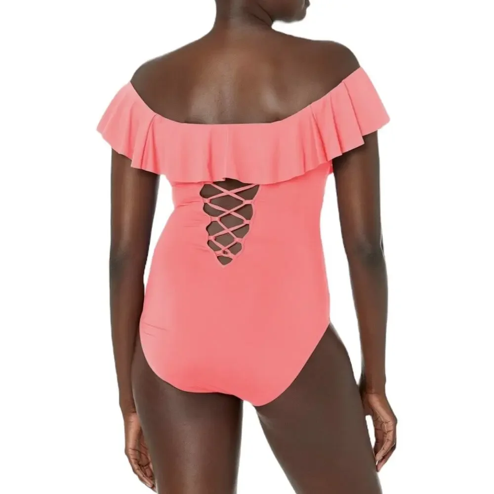 La Blanca Island Goddess Off Shoulder Ruffle One Piece Swimsuit 14 Hot Coral - Picture 2 of 9
